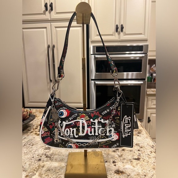 Von Dutch Black Shoulder Bag with Multicolor Accents - Picture 1 of 8